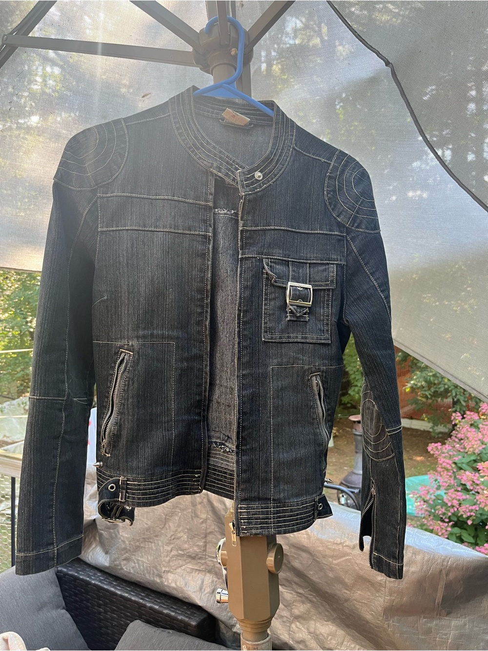 Black Washed Denim Moto Jacket with Buckle Pocket